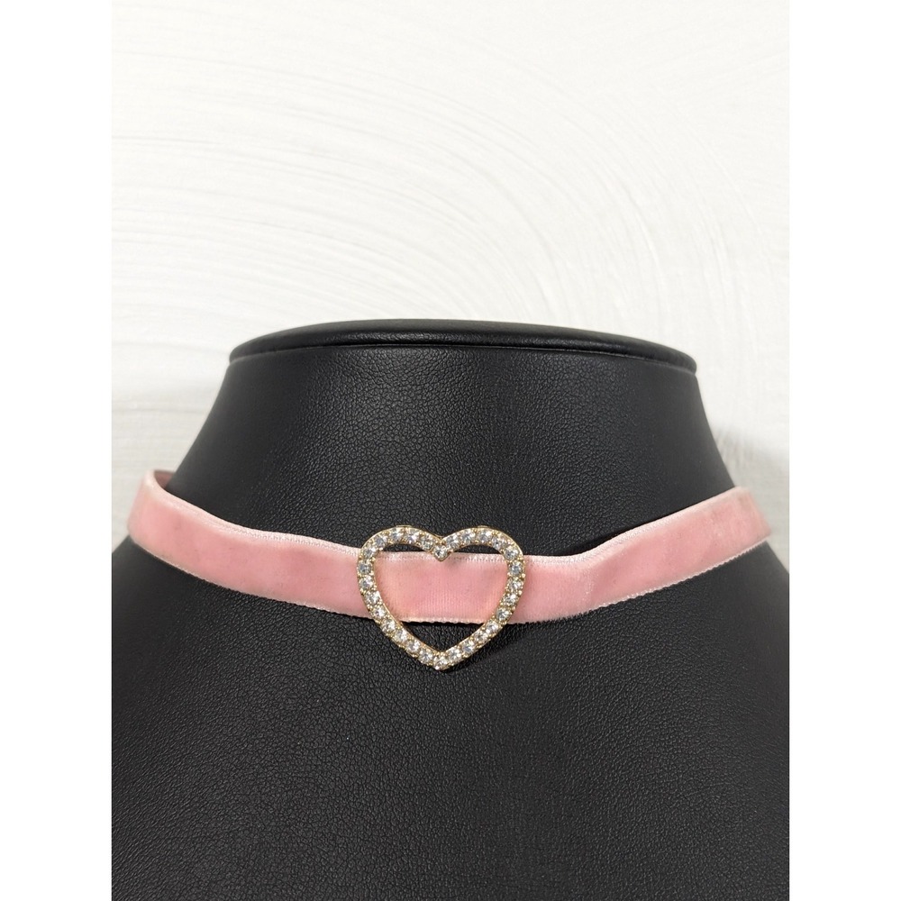 Pink Velvet Heart Choker Necklace Y2K Romantic Retro 16"